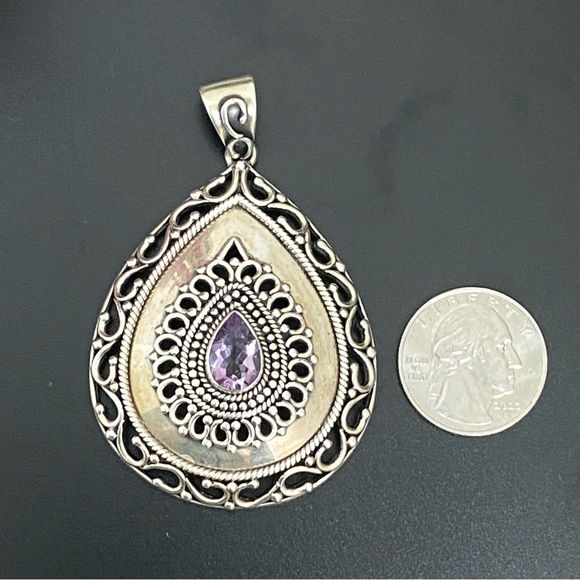 Vintage DP 925 Sterling Silver Filigree Bali Amethyst Large Teardrop Pendant 26g - Picture 4 of 16